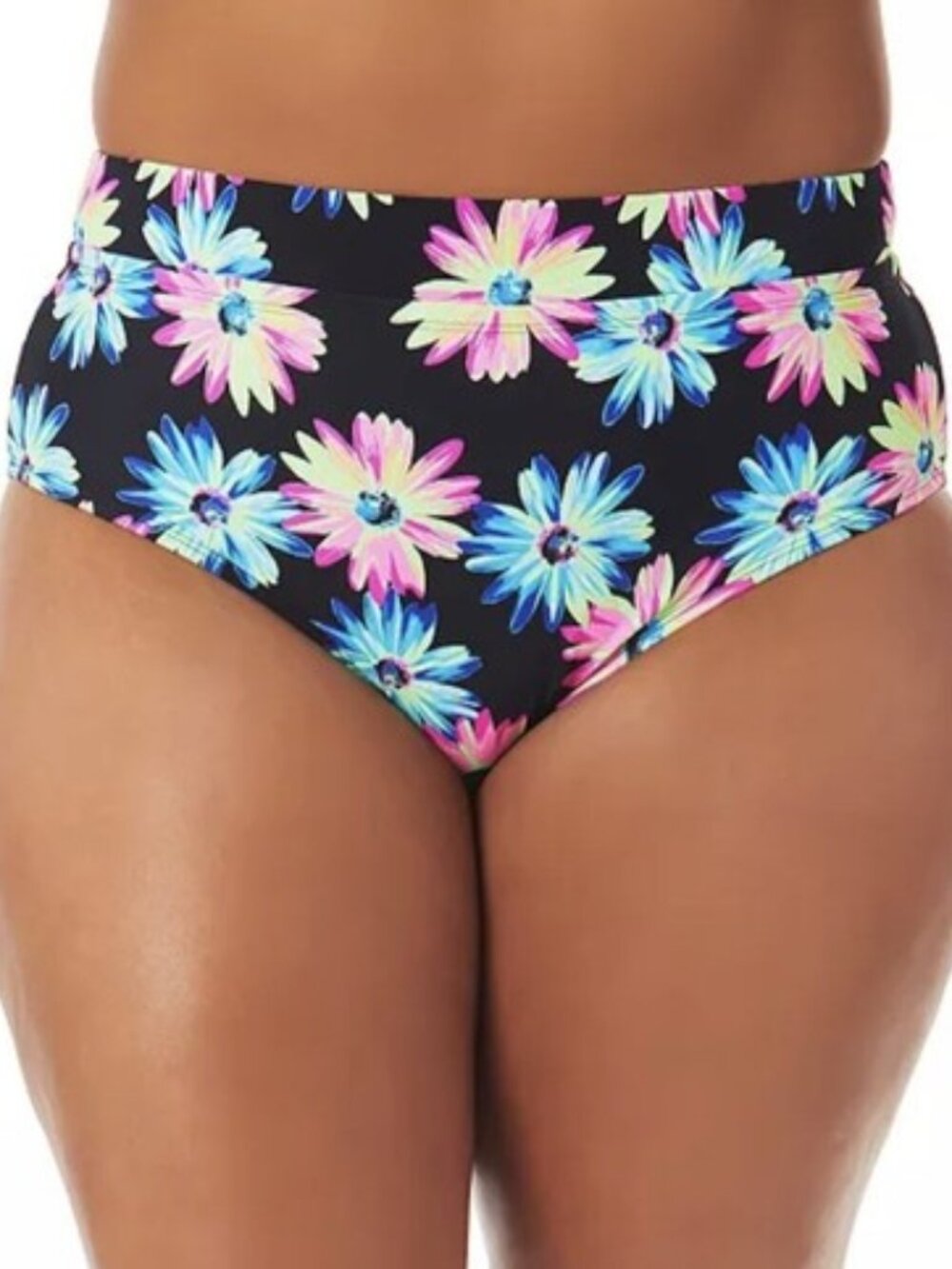 California Waves Gerbera Daisy High Waist Bikini Bottom Black Multi 1X(16/18)